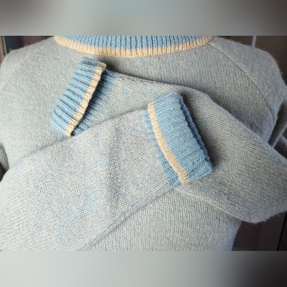 Vintage 70s Sears Shetland Wool Blue Ivory Sweater Dress Knit S / M - Picture 9 of 16